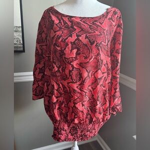 MICHAEL KORS, red snake and flame print buckle-sleeve blouse w/ banded waist‎ 1X